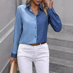 Women's Color Block Button Front Long Sleeve Shirt