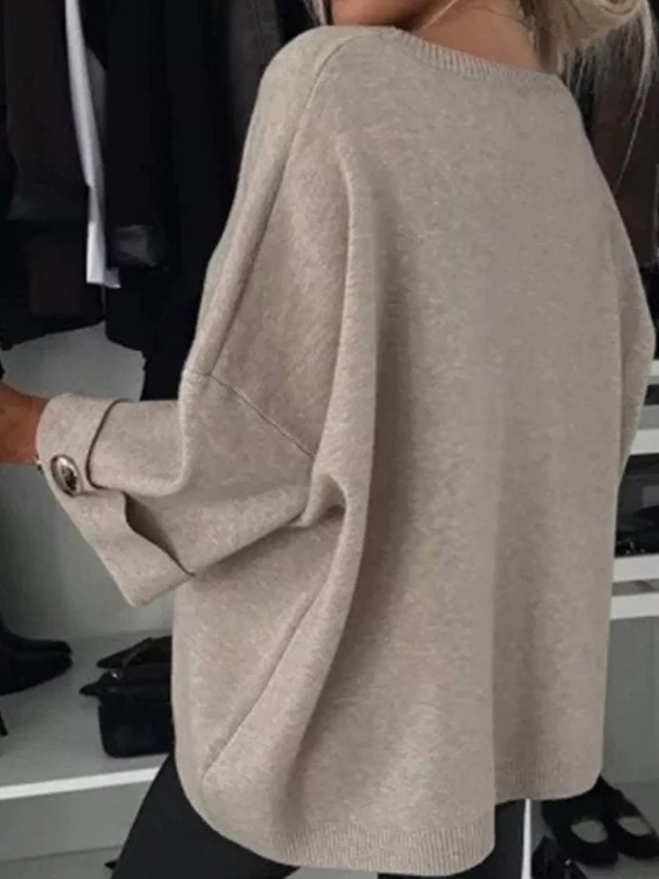 Sarah Express Women's Full Size Round Neck Drop Shoulder Top with Ribbed Trim Plus Size