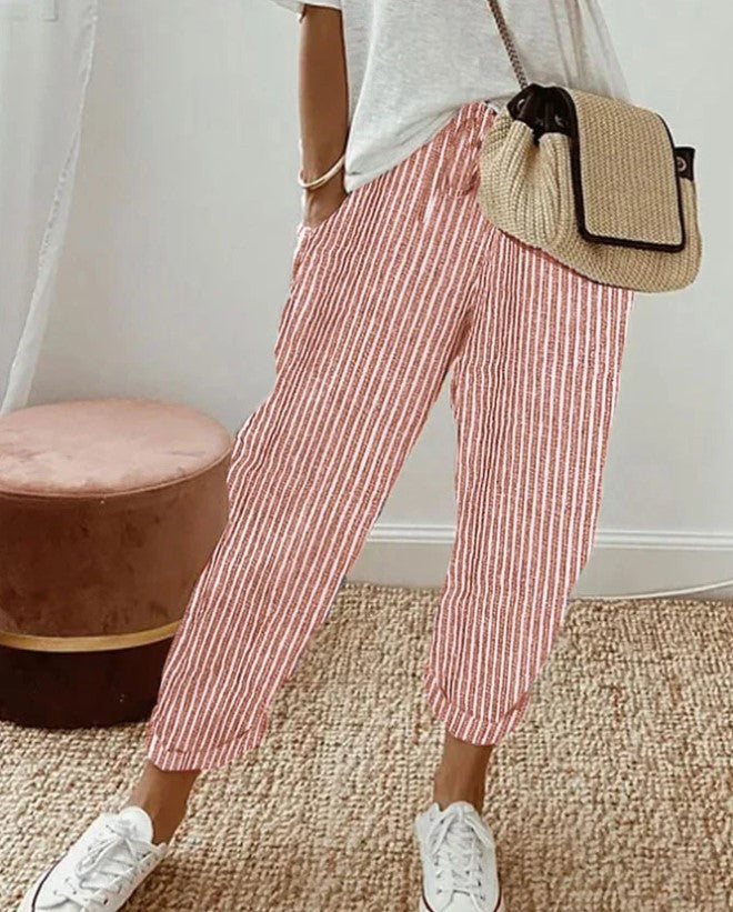 Women's Summer Striped Casual Pants - Loose Fit Elastic Waist Trousers