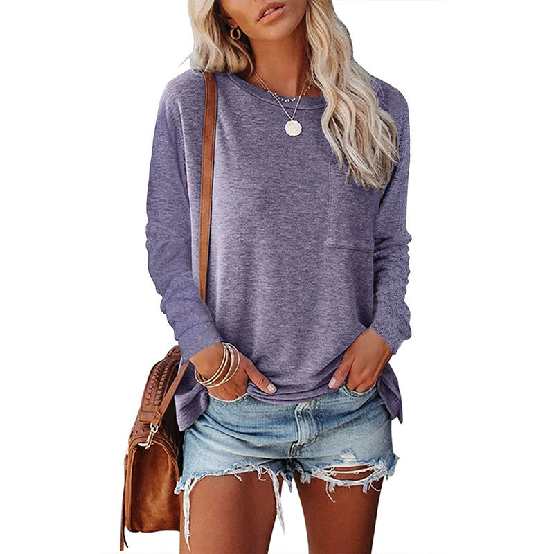 Women's Long Sleeve Pocket T-Shirt Split Hem Casual Cotton Blend Top