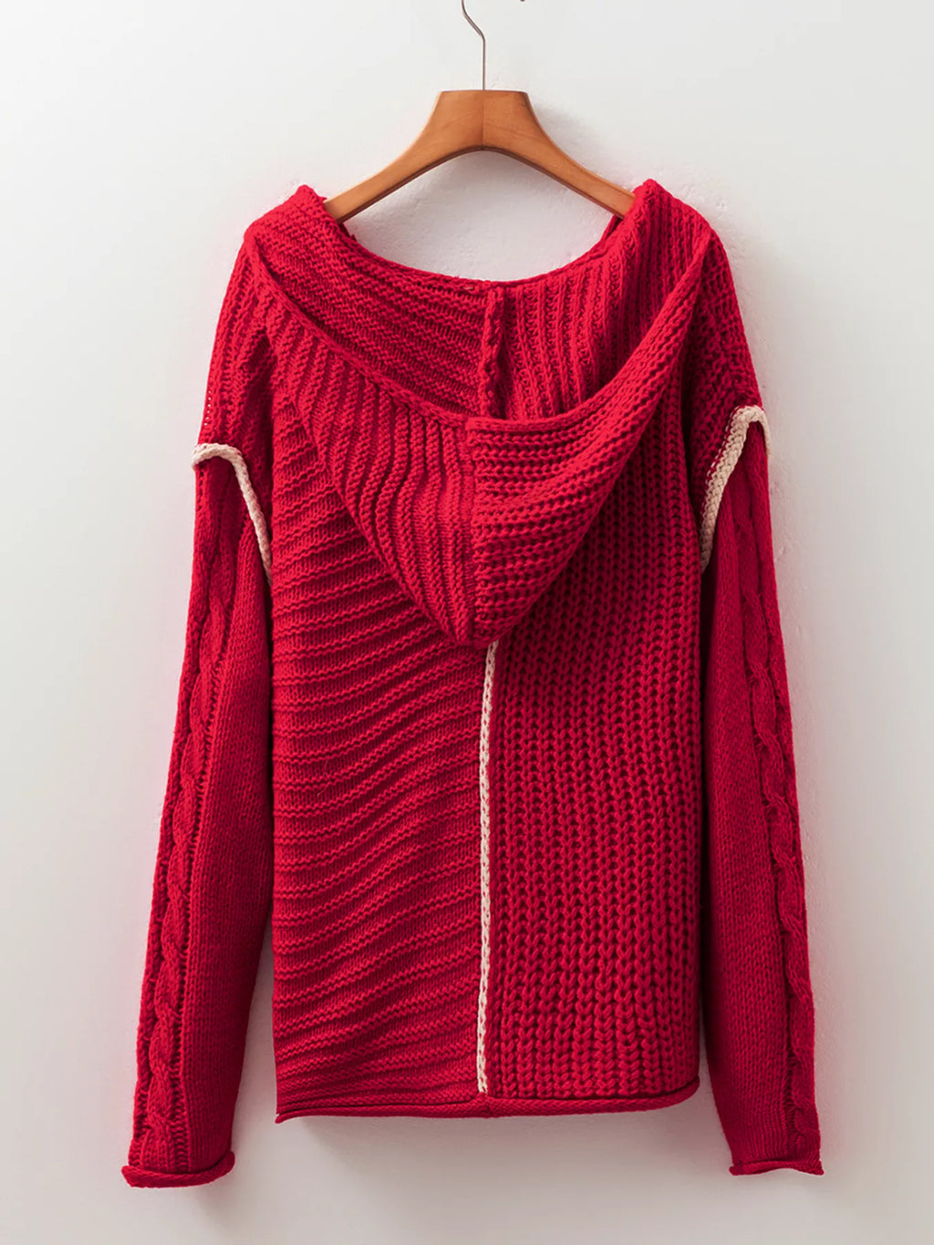 Sarah Express Women's Contrast Trim Cable-Knit Drawstring Hooded Sweater