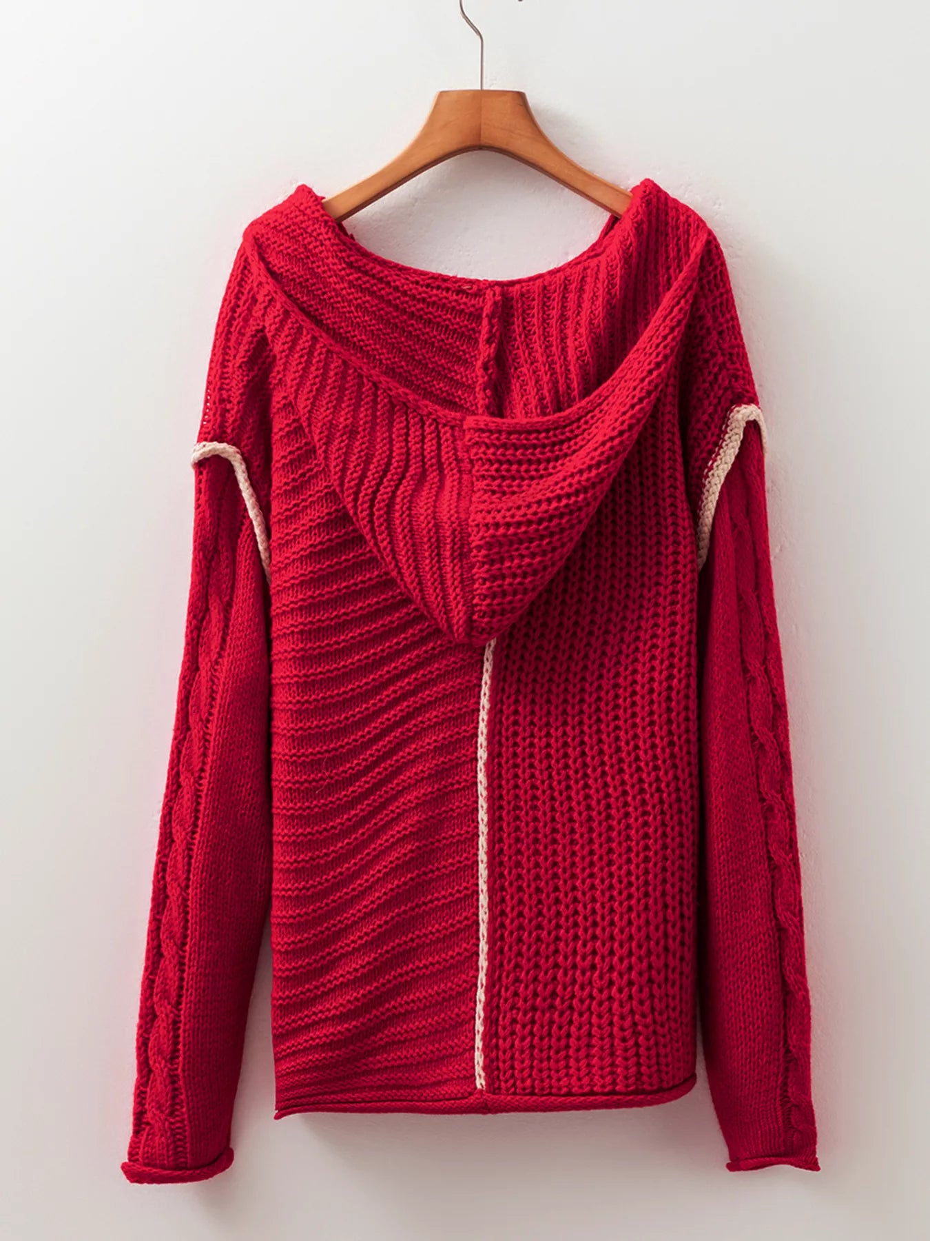 Sarah Express Women's Contrast Trim Cable-Knit Drawstring Hooded Sweater