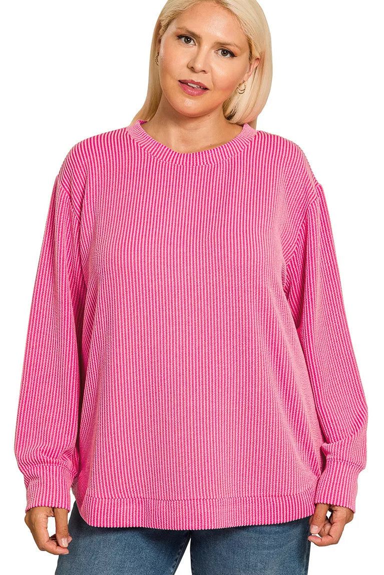 Sarah Express Women’s Plus Size Raised Rib Long Sleeve Top Casual All-Season