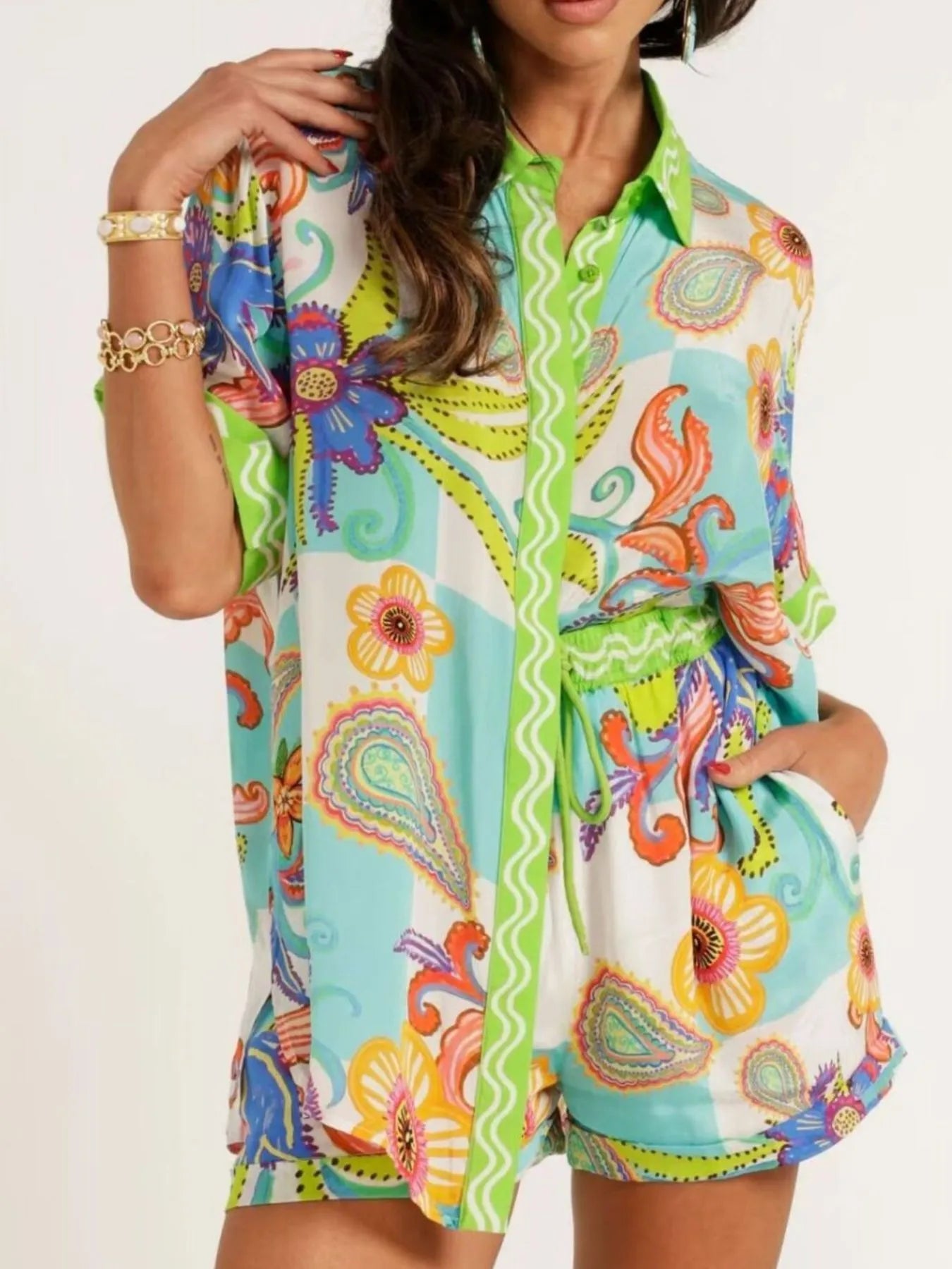 Sarah Express Women's Printed Button Up Shirt and Shorts Set Green