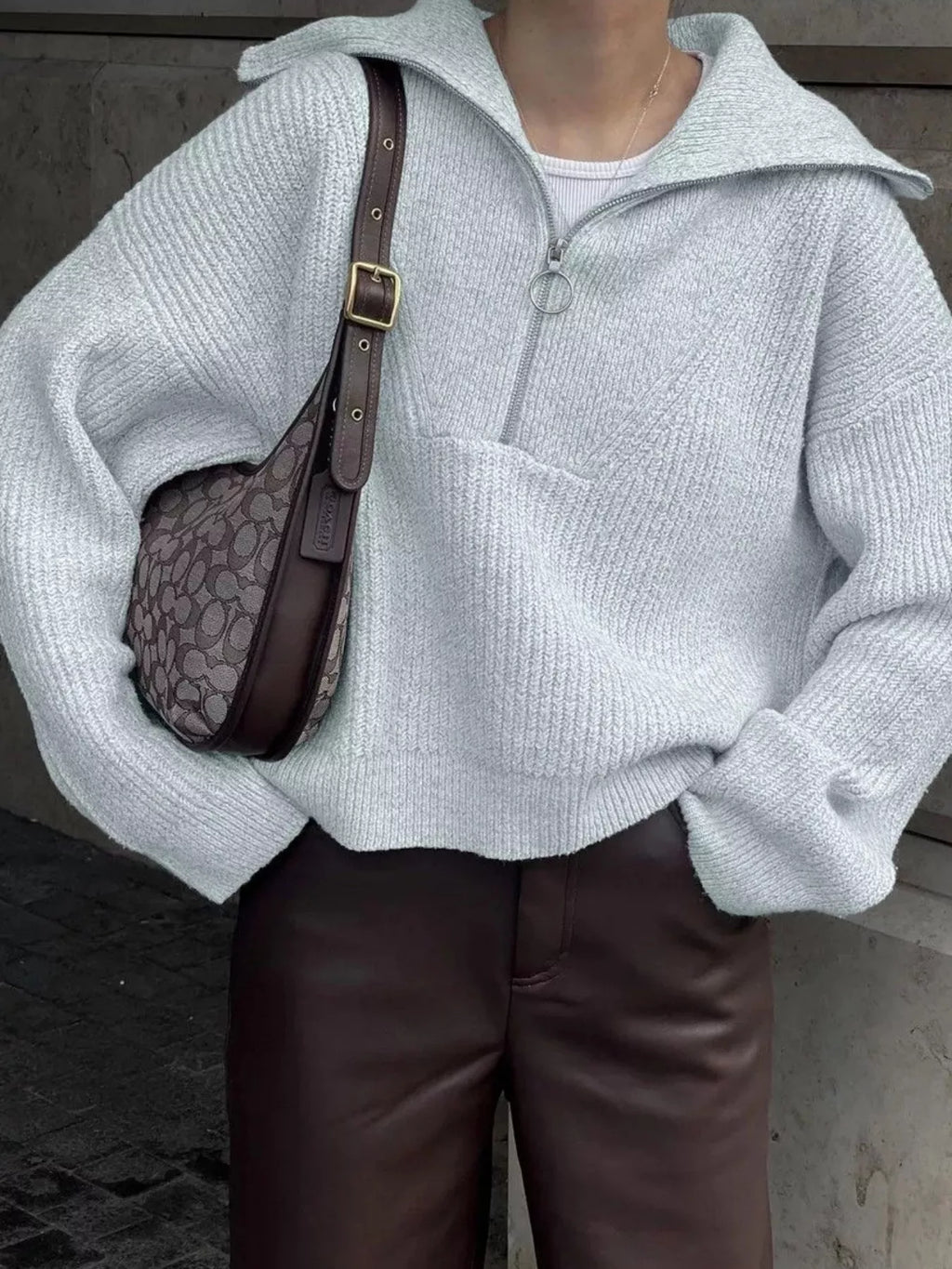 Sarah Express Women's Half Zip Dropped Shoulder Sweater Gray One Size