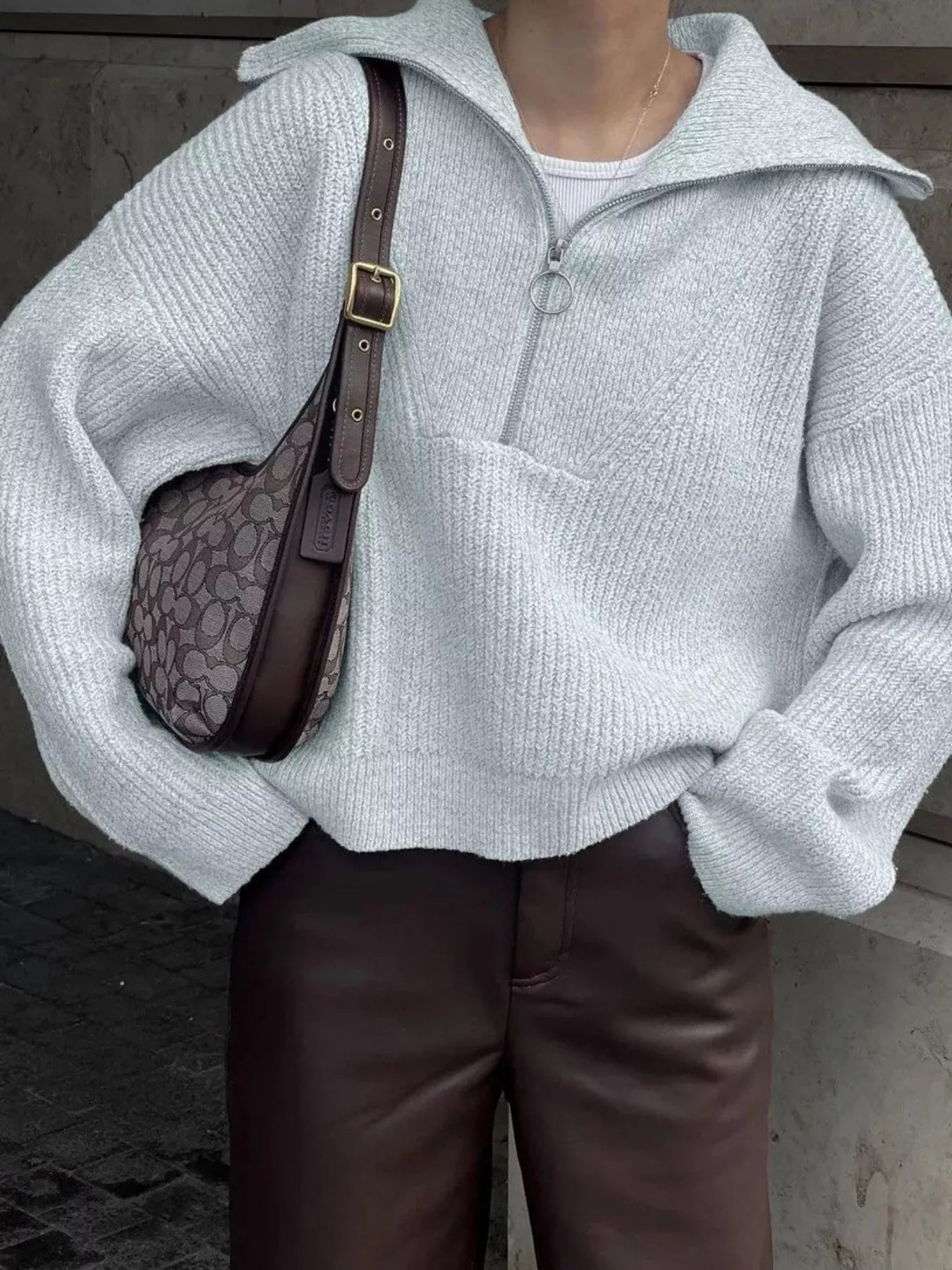 Sarah Express Women's Half Zip Dropped Shoulder Sweater Gray One Size