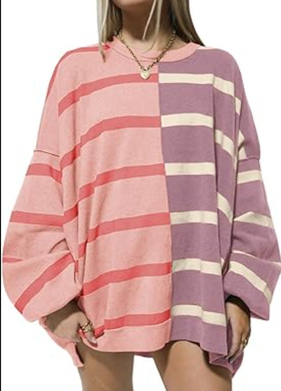 Women's Striped Knit Sweater Long Sleeve Pullover Loose Fit Acrylic