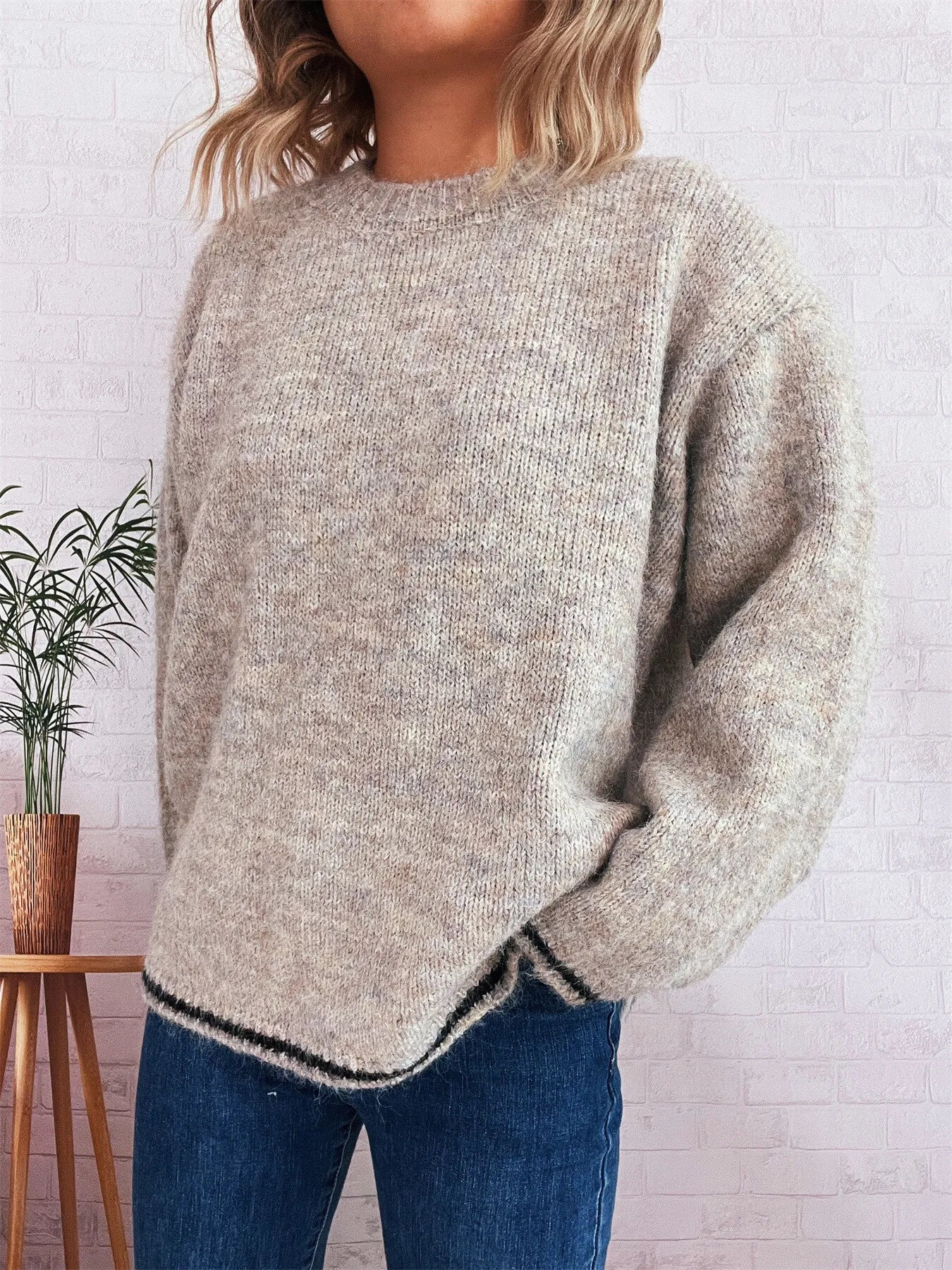 Sarah Express Women's Contrast Trim Round Neck Cozy Sweater Khaki One Size