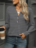 Sarah Express Women's Striped Henley T-Shirt with Button Detail