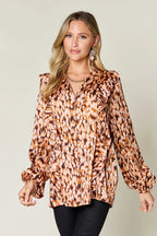 Sarah Express Women's Printed Ruffle Trim Balloon Sleeve Shirt - Buttoned Blouse Top Caramel