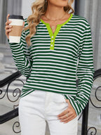 Sarah Express Women's Striped Long Sleeve Henley T-Shirt - Button Front Casual Top