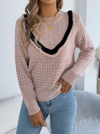 Sarah Express Women's Hollow-Out Knit Top with Contrast Trim