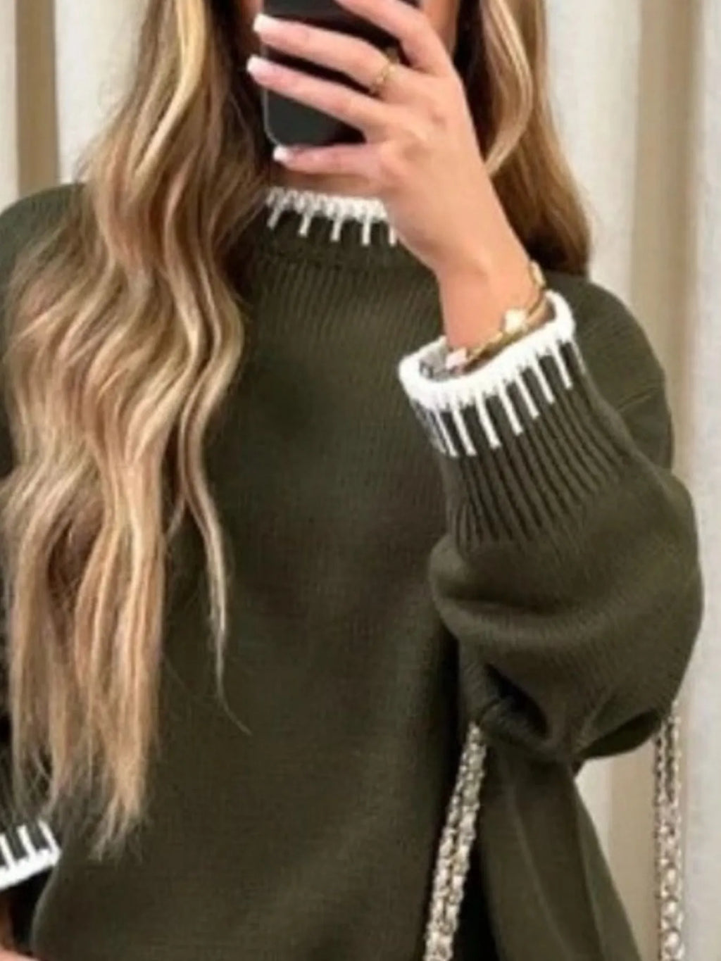 Sarah Express Women's Contrast Trim Round Neck Top and Pants Sweater Set