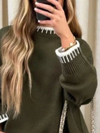 Sarah Express Women's Contrast Trim Round Neck Top and Pants Sweater Set