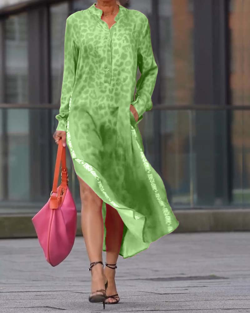 Women's Leopard Print V-Neck Long Sleeve Dress with Pockets