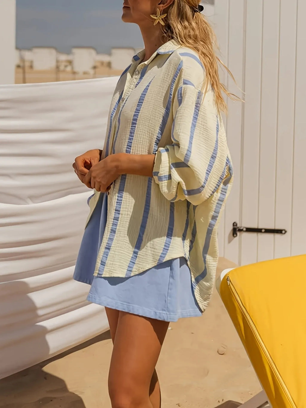 Sarah Express Women's Striped Button Up Long Sleeve Shirt - Oversized Nautical Style