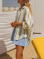 Sarah Express Women's Striped Button Up Long Sleeve Shirt - Oversized Nautical Style