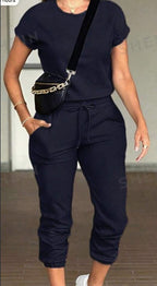 Women's 2-Piece Casual Set Round Neck Top Drawstring Pants