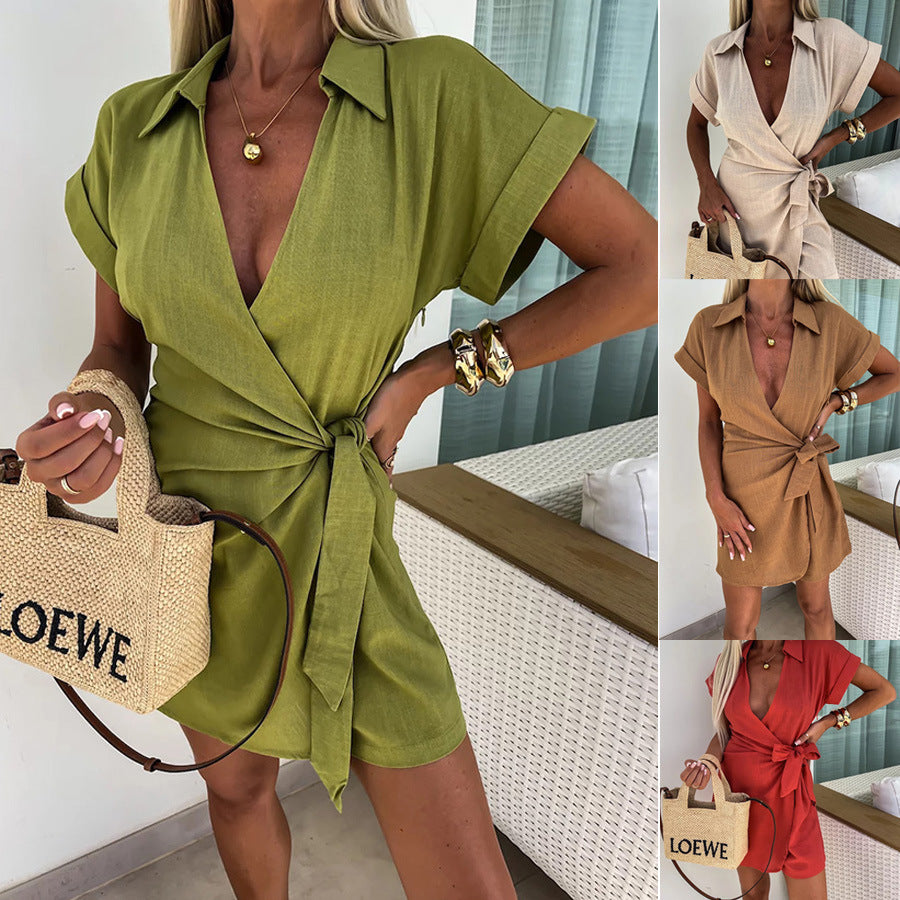 Lace-Up Collar Jumpsuit Romper Shorts Casual Vacation One Piece