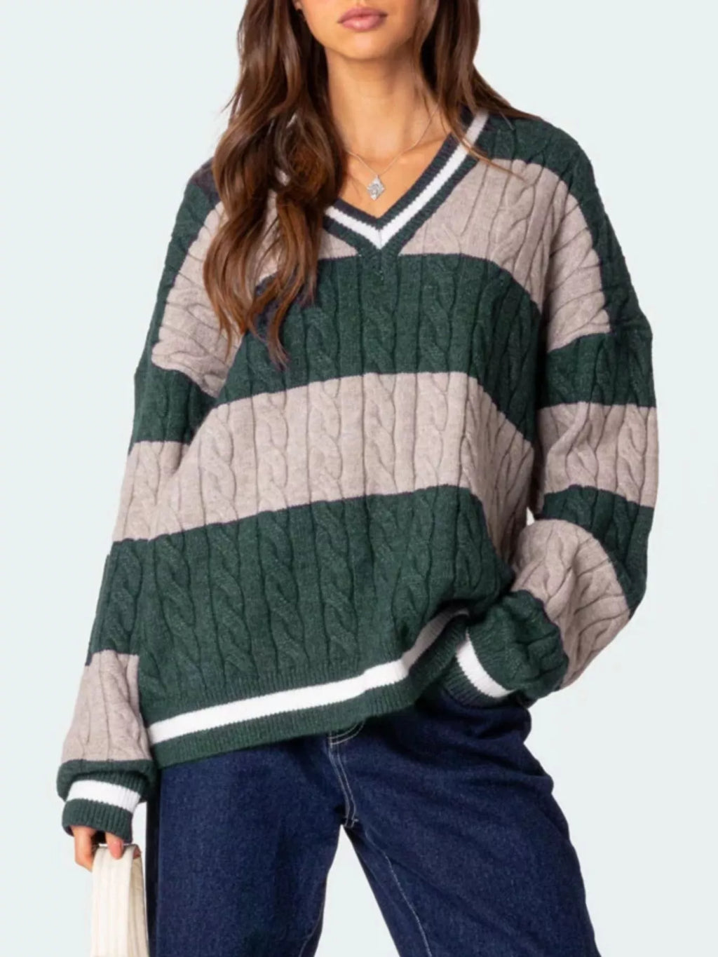 Sarah Express Women's Striped Cable Knit V-Neck Sweater - Oversized Fit