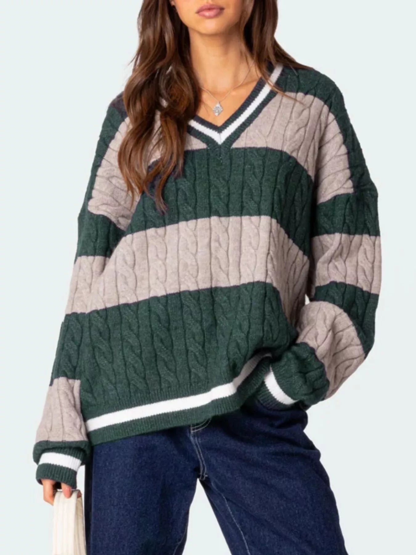 Sarah Express Women's Striped Cable Knit V-Neck Sweater - Oversized Fit