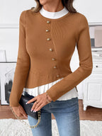 Sarah Express Women's Decor Button Contrast Hem Knit Top