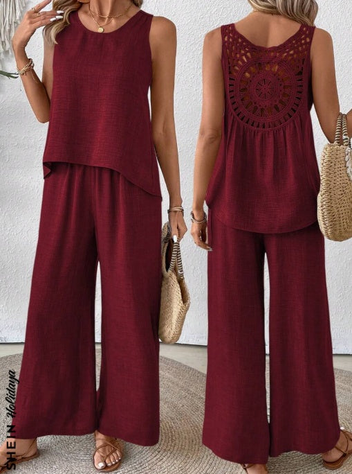 Solid Tank Top Wide Leg Pants Set 2 Piece Summer Vacation Polyester