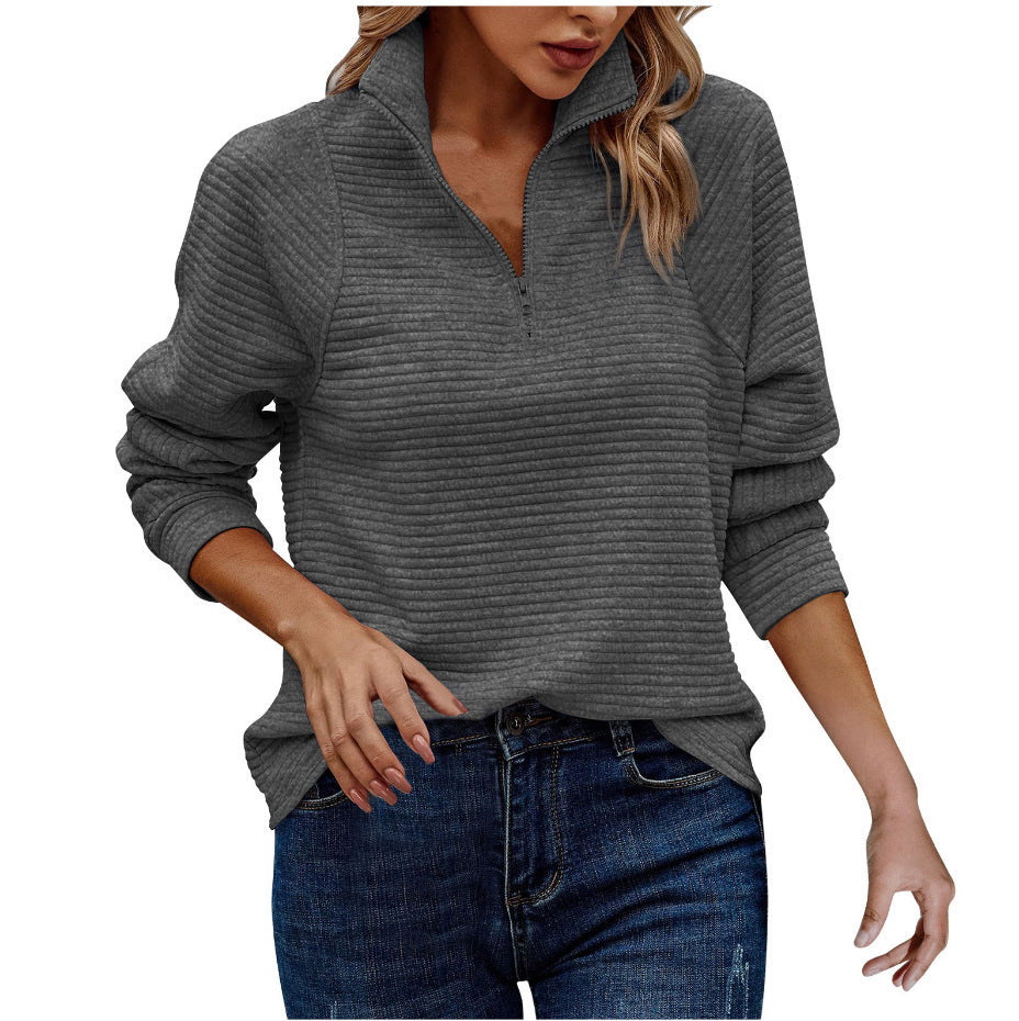 Women's Stand Collar Zipper Pullover Sweatshirt Striped Long Sleeve Top Spring Fall Casual