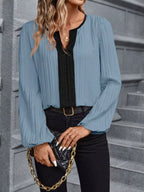 Sarah Express Women's Textured Notched Long Sleeve Blouse