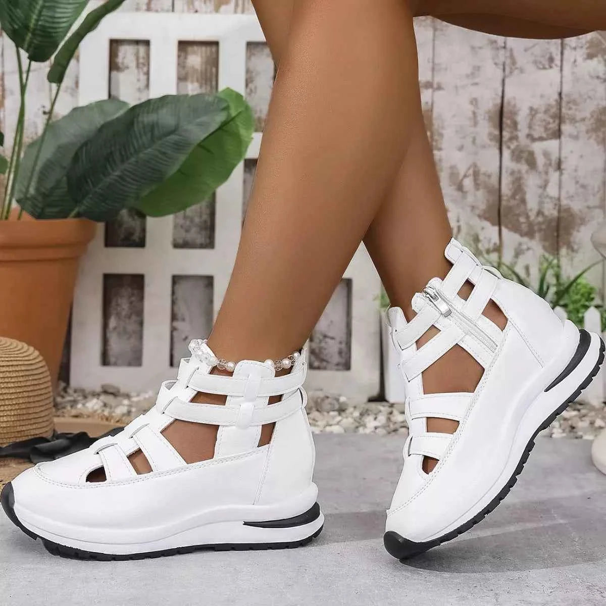 Sarah Express Women's Cutout Platform Sneakers | Low Heel PU Leather Shoes