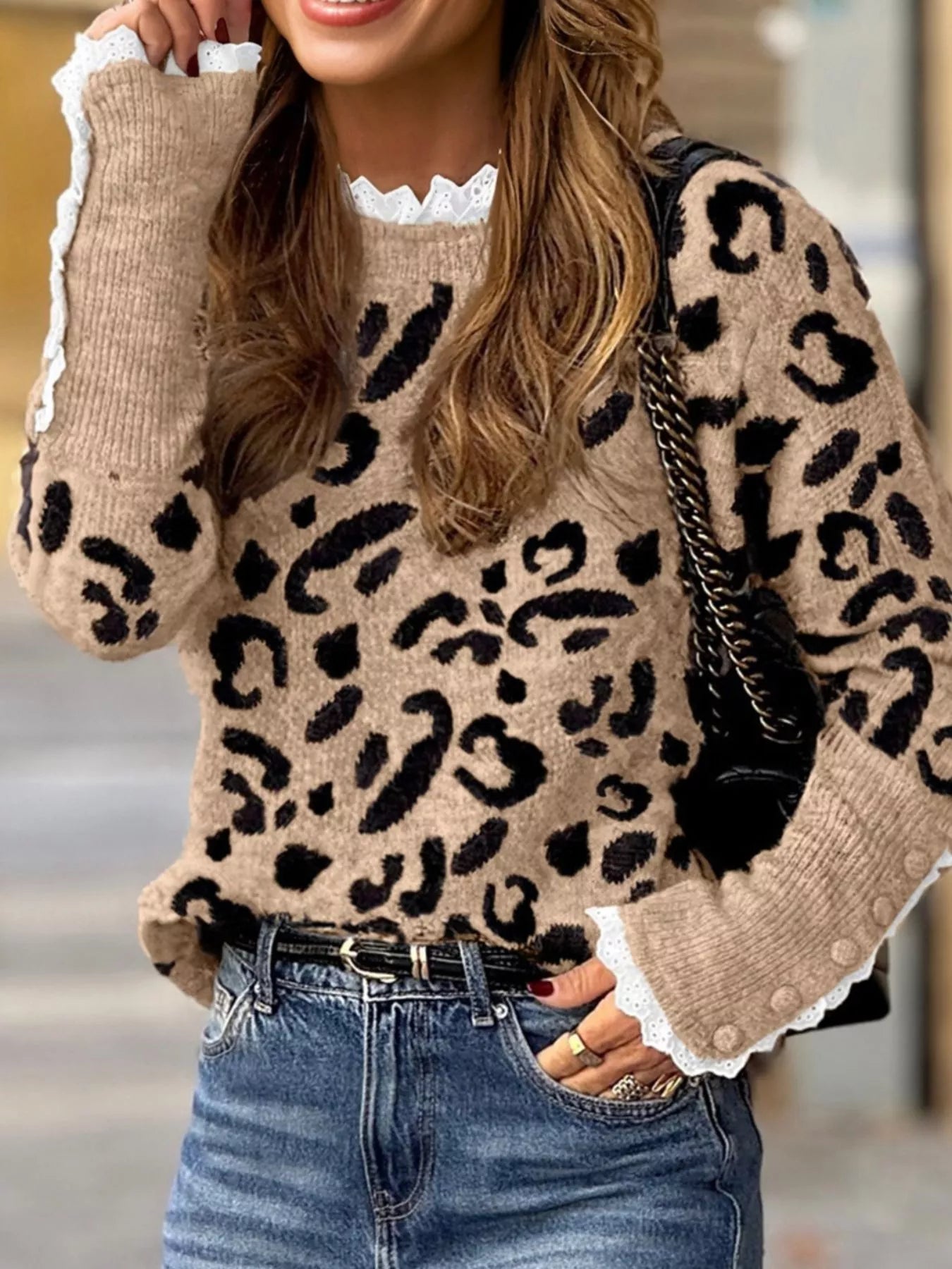 Sarah Express Women's Leopard Pattern Lace Ribbed Detail Button Cuffed Sweater Leopard
