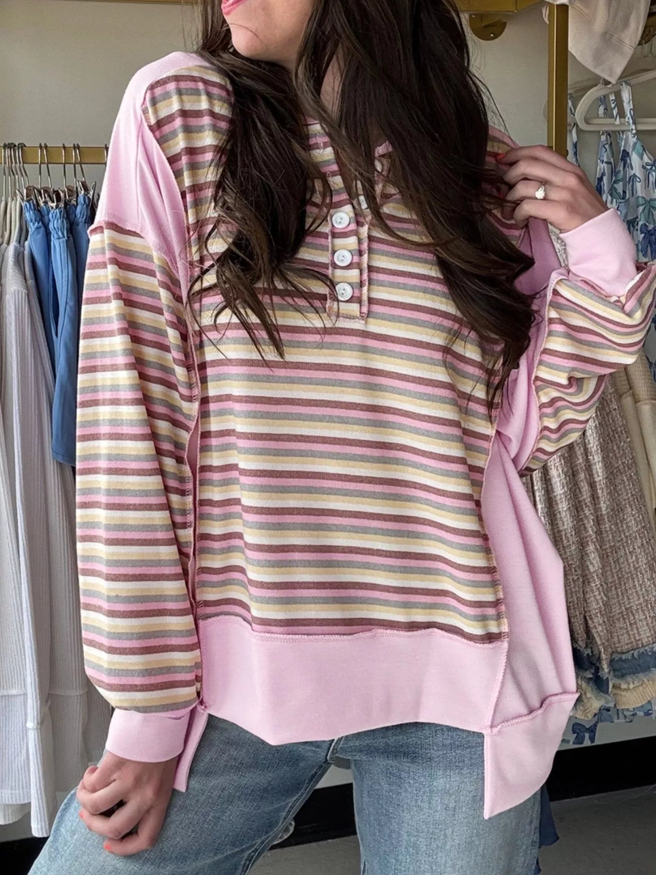 Sarah Express Women's Exposed Seam Color Block Striped Patchwork Loose Henley Sweatshirt Blush Pink