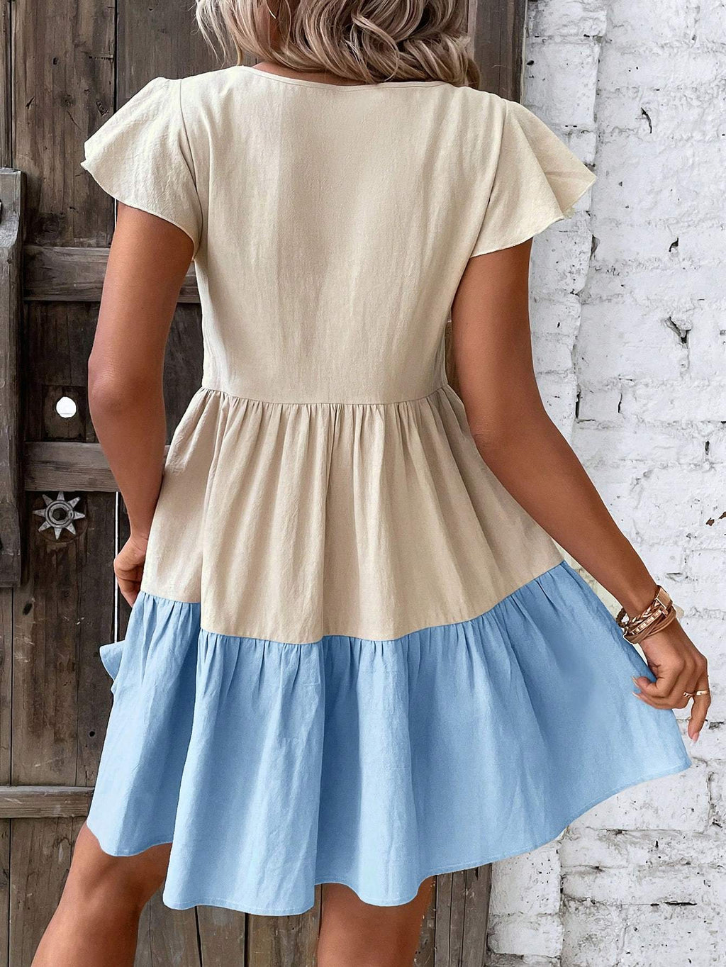 Women's Colorblock Smock Dress Keyhole Neckline Ruffle Hem Short Sleeve A-Line