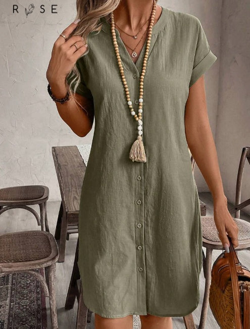 Notched Button Front Batwing Sleeve Cotton Shirt Dress