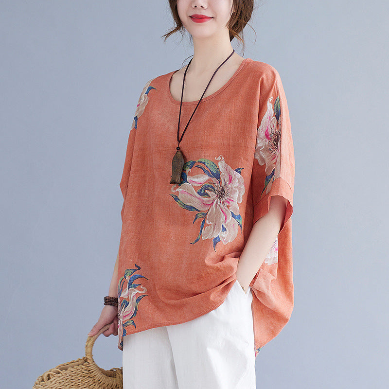 Women's Cotton Linen Printed Top Oversized Short Sleeve Summer Casual Relaxed Fit