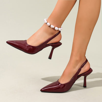 Sarah Express Women's Pointed-Toe Stiletto Heels | Patent Leather Open-Back High Heels Wine Red