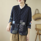 Women's Vintage Patch Cardigan Jacket Cotton-Padded Buckle Closure Rhombus Pattern Coat