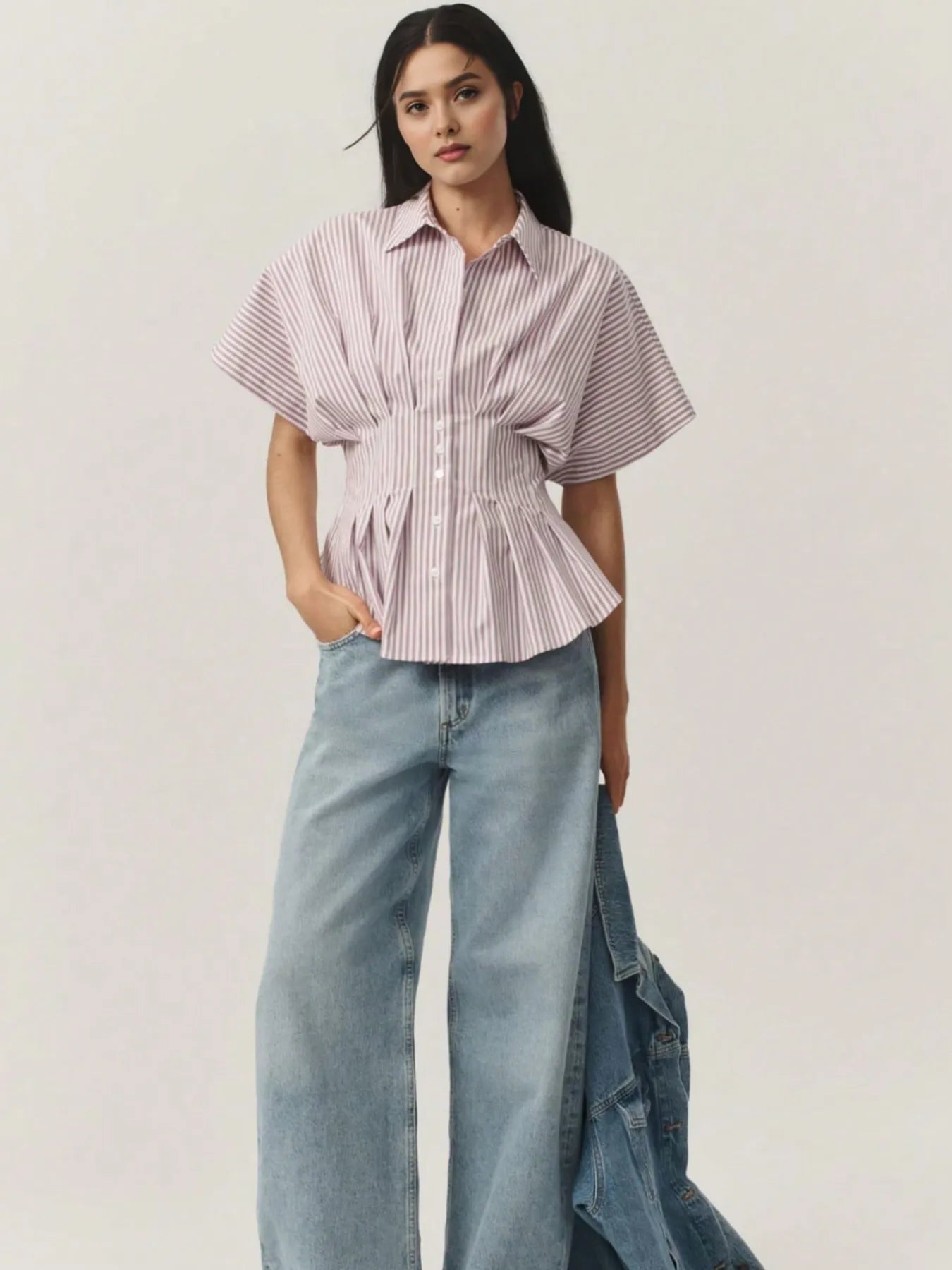 Sarah Express Women's Striped Short Sleeve Button-Up Shirt