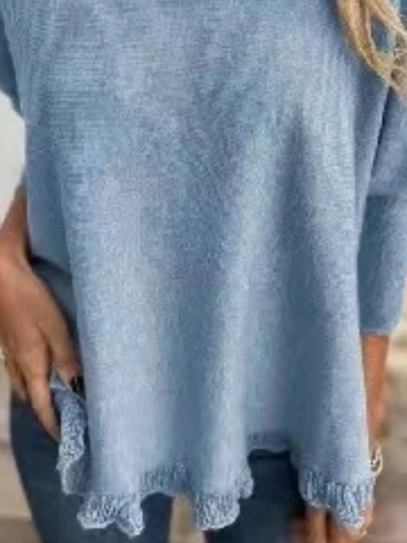 Sarah Express Women's Round Neck Long Sleeve Knit Top with Lace Trim Plus Size