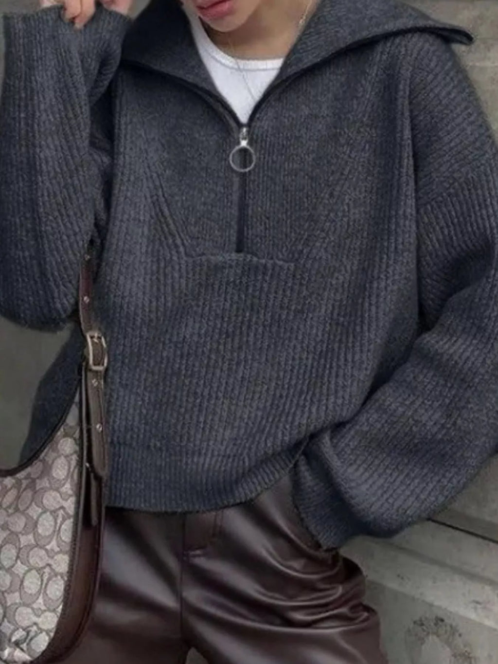 Sarah Express Women's Half Zip Dropped Shoulder Sweater