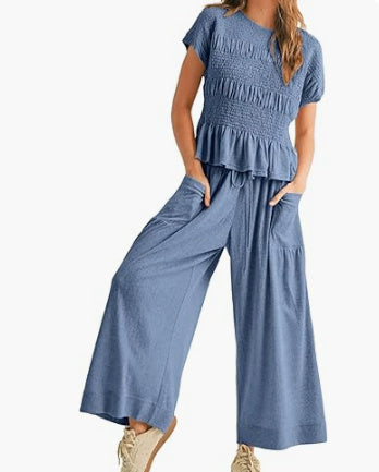 Pleated Top Wide Leg Pants 2-Piece Matching Set