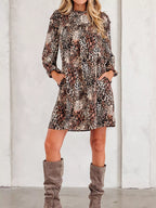 Sarah Express Women's Leopard Ruffled Detail Long Sleeve Loose Mini Dress