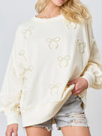 Sarah Express Women's Pearl Embellished Bow Long Sleeve Sweatshirt