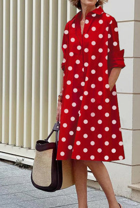 Women's Polo Collar Shirt Dress Long Sleeve Mid Length Cotton Blend Casual