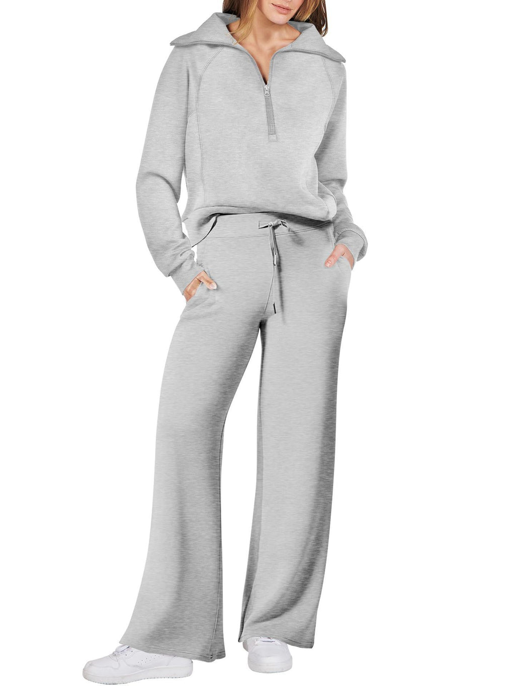 Women's Long Sleeve Zipper Sweatshirt and Wide-Leg Pants Athleisure Set