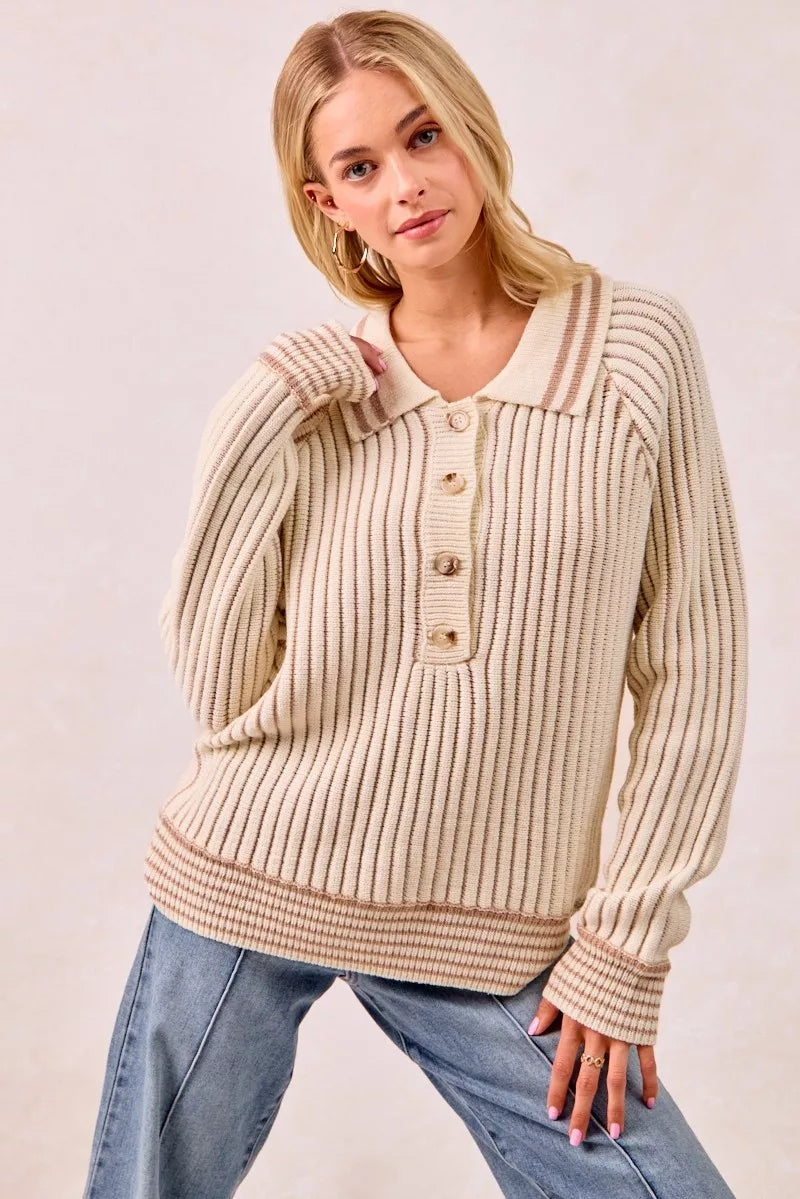 Sarah Express Women’s Two Tone Ribbed Sweater with Half Button Collar