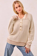 Sarah Express Women’s Two Tone Ribbed Sweater with Half Button Collar