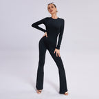Women's Long Sleeve Open-Back Slim-Fit Straight-Leg Jumpsuit Evening Wear