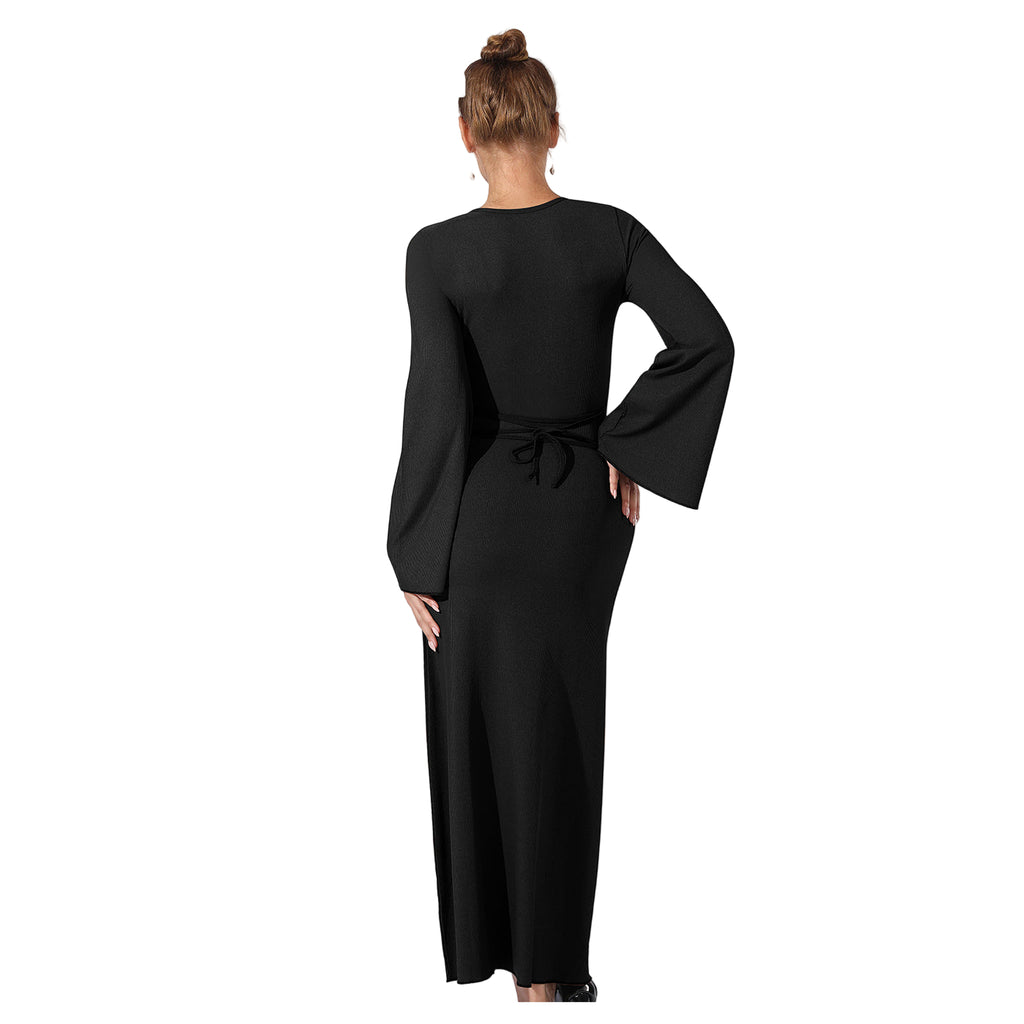 Sarah Express Women's Long Sleeve Maxi Dress Solid Color Belted Casual