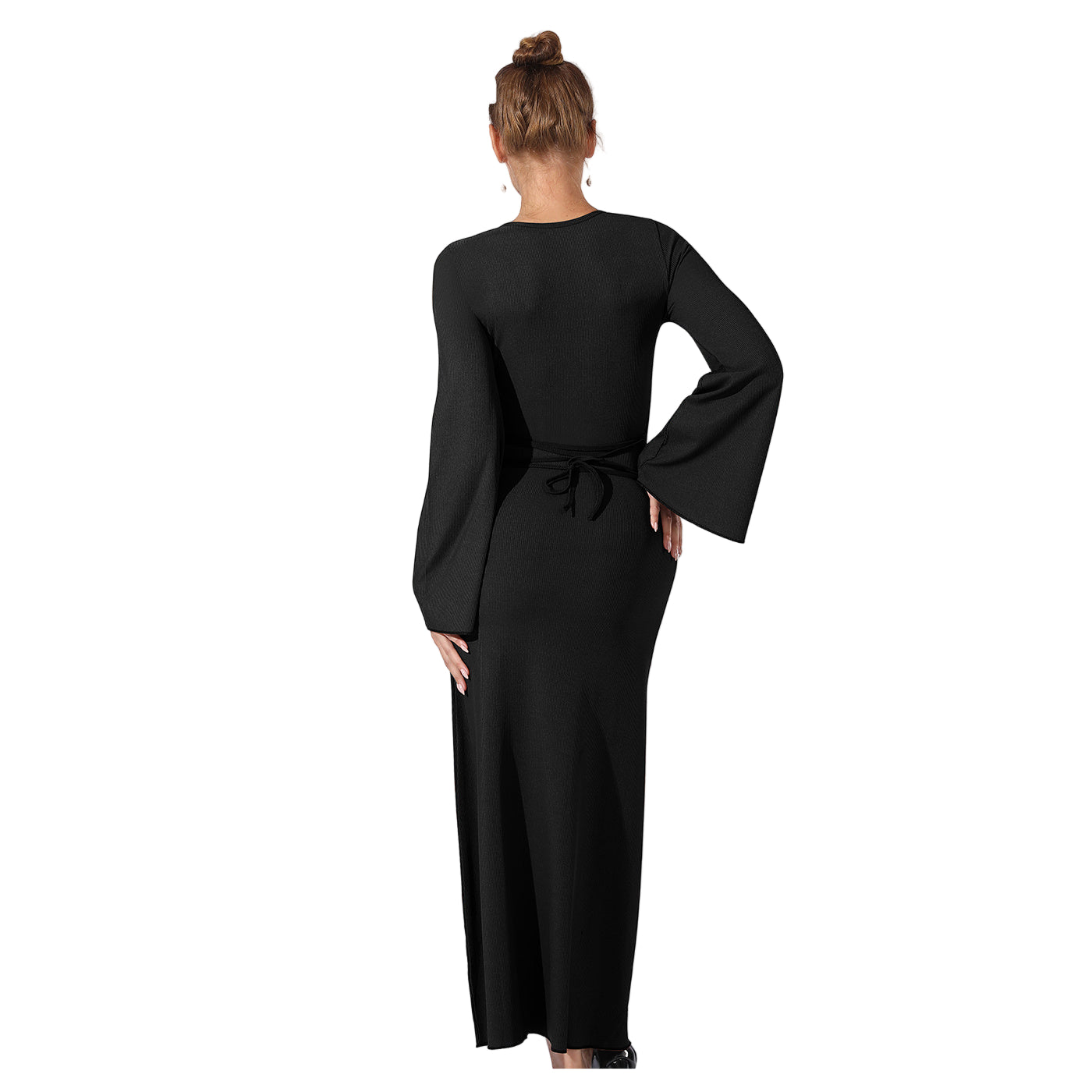 Sarah Express Women's Long Sleeve Maxi Dress Solid Color Belted Casual